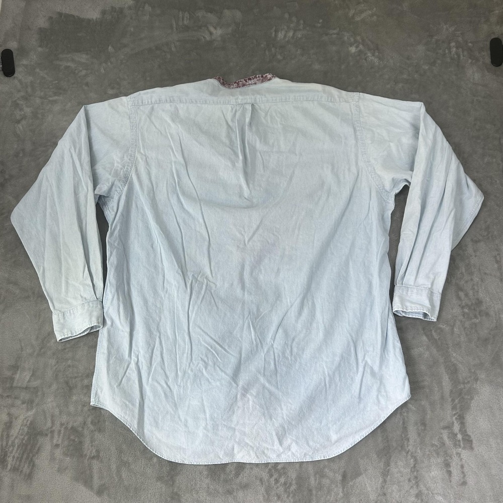 Polo Ralph Lauren Shirt Mens Large Blue Chambray Lizard Pocket Band Collar - Picture 12 of 16
